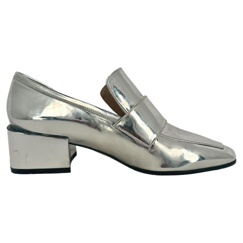 Stuart Weitzman Sawyer Block Heel Loafers in Metallic Silver Patent Leather
